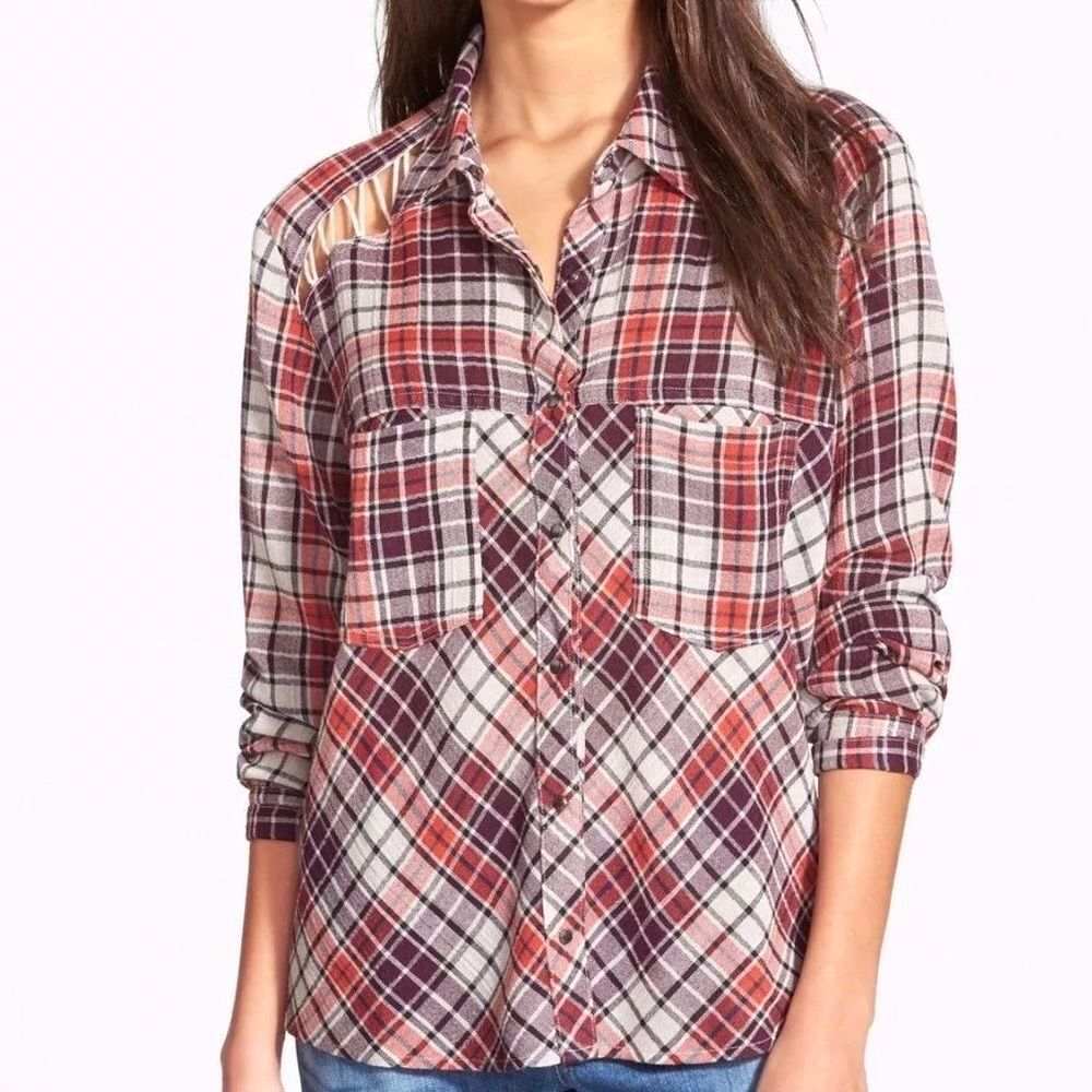 Free People Stitch Detail Plaid Boho Western Snap Shirt in Ash Combo Size Medium